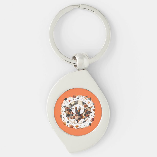 Patchwork Halloween Bat in Autumn Colours Key Ring (Front)