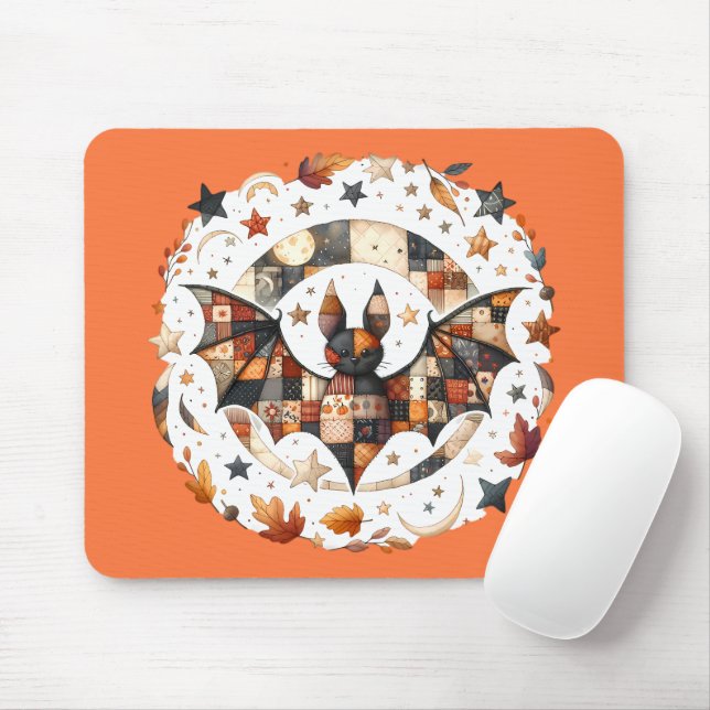 Patchwork Halloween Bat in Autumn Colours Mouse Pad (With Mouse)
