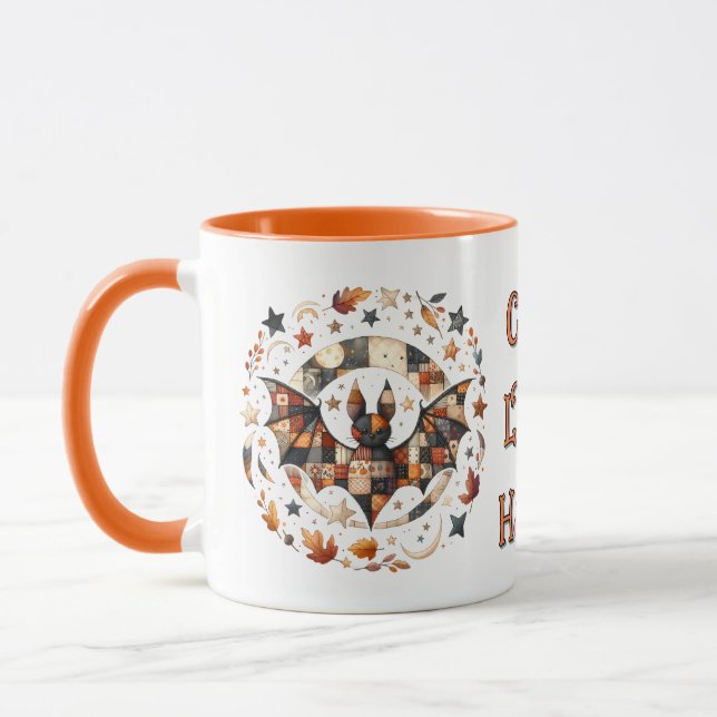 Patchwork Halloween Bat in Autumn Colours Mug (Left)
