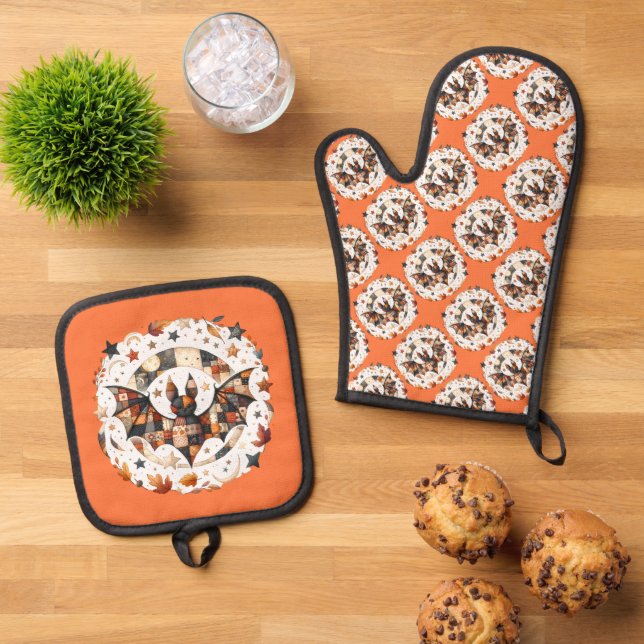 Patchwork Halloween Bat in Autumn Colours Oven Mitt & Pot Holder Set (Top Down)