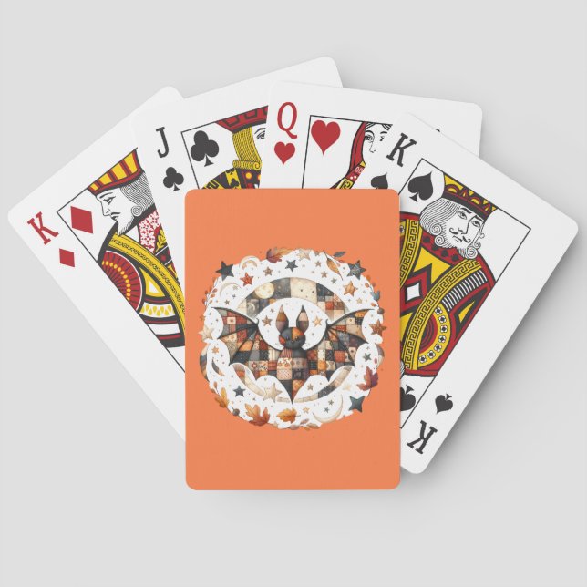Patchwork Halloween Bat in Autumn Colours Playing Cards (Back)