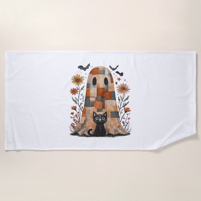 Patchwork Halloween Ghost and Cat , Retro Spooky F Beach Towel (Front)