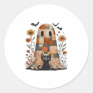 Patchwork Halloween Ghost and Cat , Retro Spooky F Classic Round Sticker