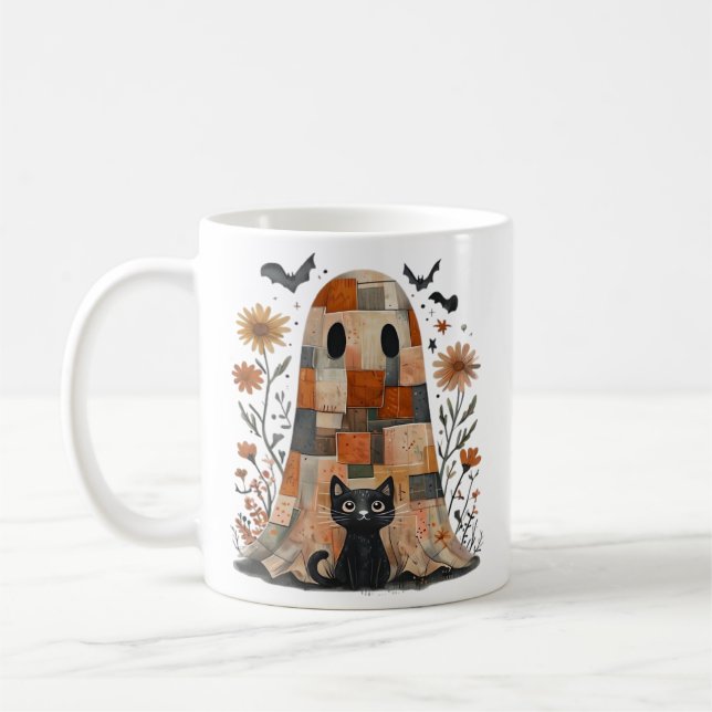 Patchwork Halloween Ghost and Cat , Retro Spooky F Coffee Mug (Left)