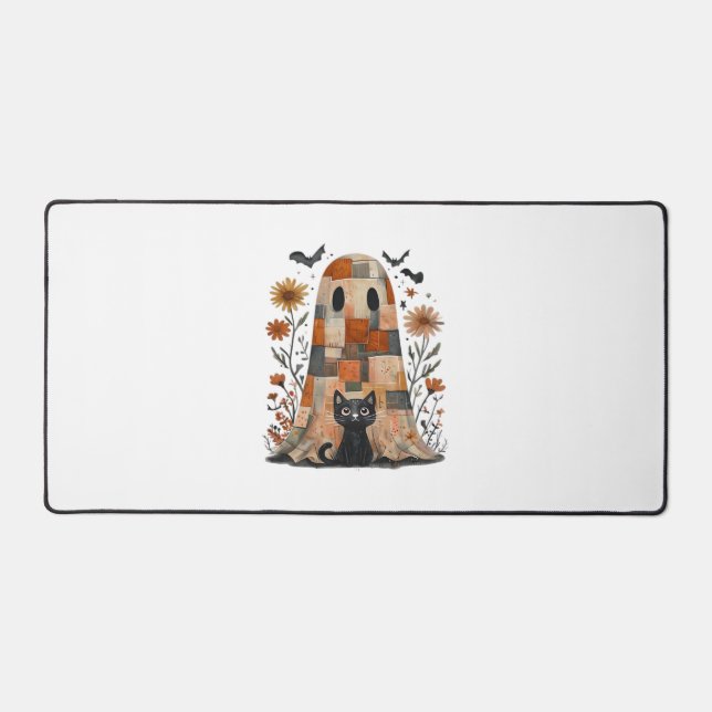 Patchwork Halloween Ghost and Cat , Retro Spooky F Desk Mat (Front)