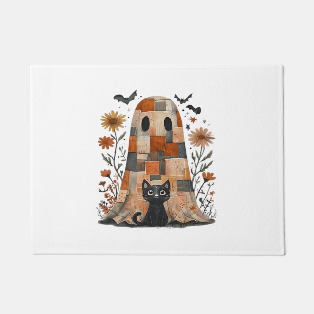 Patchwork Halloween Ghost and Cat , Retro Spooky F Doormat (Front)