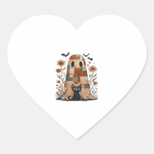 Patchwork Halloween Ghost and Cat , Retro Spooky F Heart Sticker