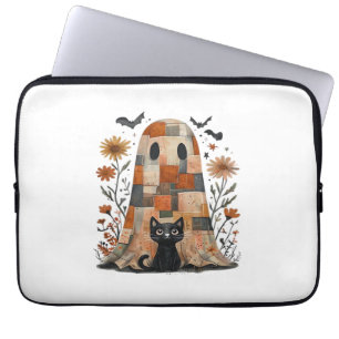 Patchwork Halloween Ghost and Cat , Retro Spooky F Laptop Sleeve