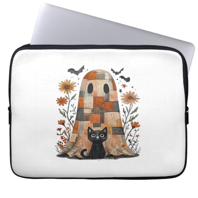 Patchwork Halloween Ghost and Cat , Retro Spooky F Laptop Sleeve (Front)