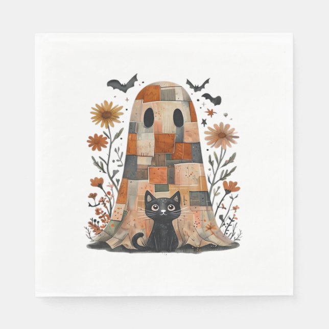 Patchwork Halloween Ghost and Cat , Retro Spooky F Napkin (Front)