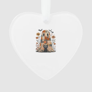 Patchwork Halloween Ghost and Cat , Retro Spooky F Ornament