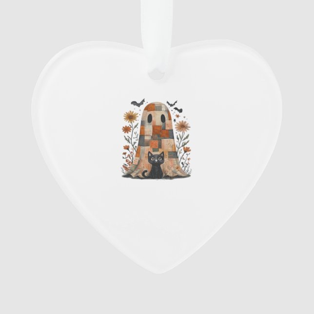Patchwork Halloween Ghost and Cat , Retro Spooky F Ornament (Front)