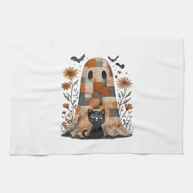 Patchwork Halloween Ghost and Cat , Retro Spooky F Tea Towel (Horizontal)