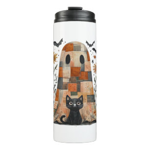 Patchwork Halloween Ghost and Cat , Retro Spooky F Thermal Tumbler
