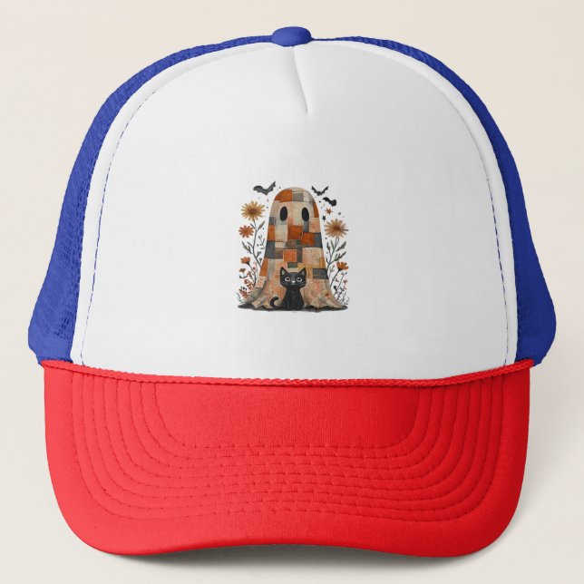 Patchwork Halloween Ghost and Cat , Retro Spooky F Trucker Hat (Front)