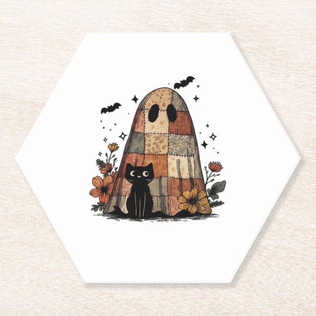 Patchwork Halloween Ghost black cat Essential T-Sh Paper Coaster (Front)