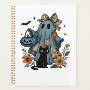 Patchwork Halloween Ghost black Cat Essential T-Sh Planner