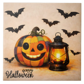 Patchwork Halloween Pumpkin with Lantern Ceramic Tile