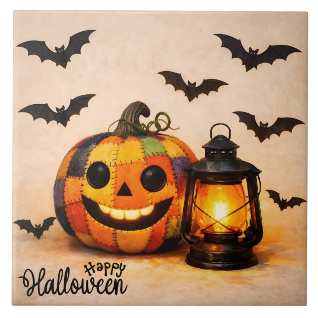 Patchwork Halloween Pumpkin with Lantern  Ceramic Tile (Front)