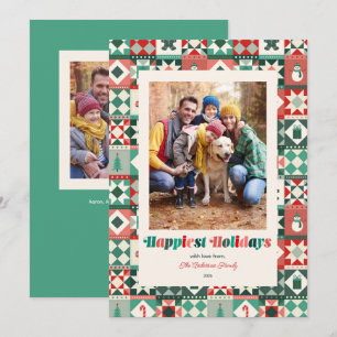 Patchwork Happiest Holidays Red and Green Photo Holiday Card