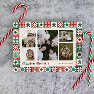 Patchwork Happiest Holidays Red and Green Photo Holiday Card