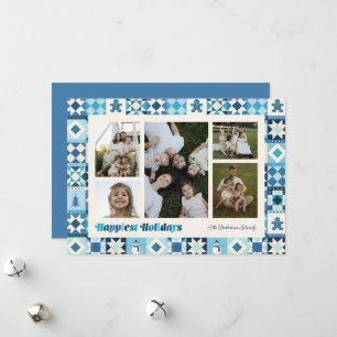 Patchwork Happiest Holidays Shades of Blue Holiday Card