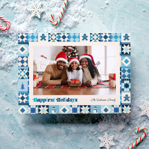 Patchwork Happiest Holidays Shades of Blue Photo Holiday Card