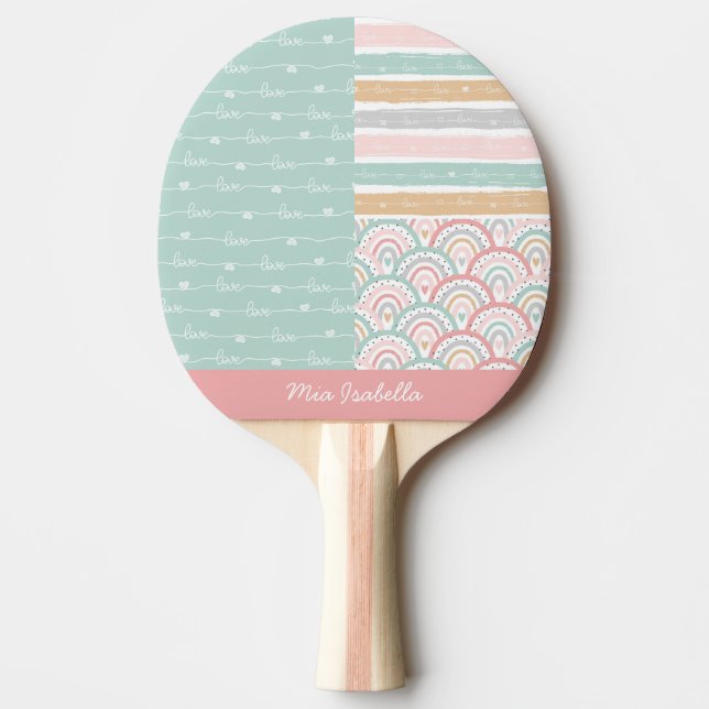 Patchwork Heart Rainbow Name Ping Pong Paddle (Front)