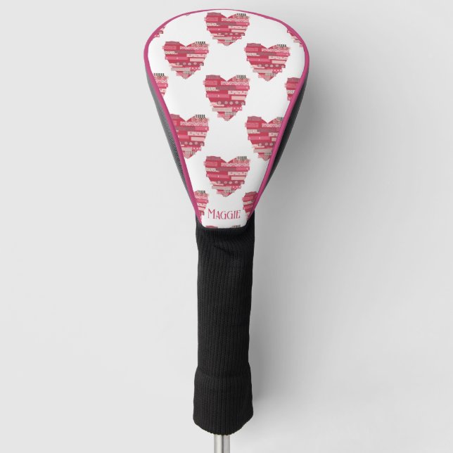 Patchwork Hearts in Pink and Red Golf Head Cover (Front)