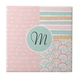 Patchwork Hearts Rainbow  Monogram Ceramic Tile