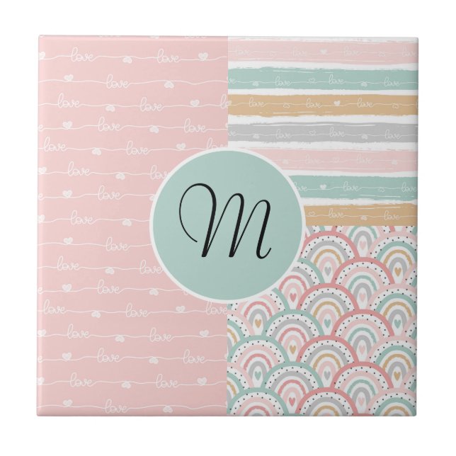 Patchwork Hearts Rainbow  Monogram Ceramic Tile (Front)