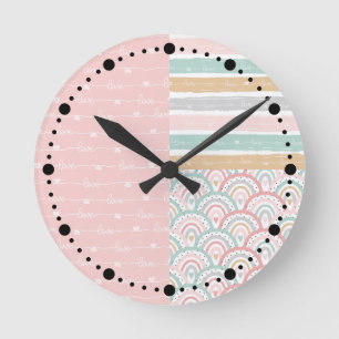 Patchwork Hearts Rainbows Pastel Pink Wall Clock