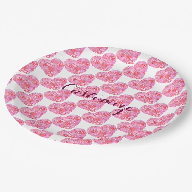 Patchwork Hearts White Paper Plates (Angled)