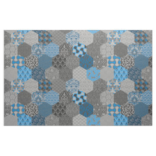 Patchwork Hexagons Blue and Grey Fabric