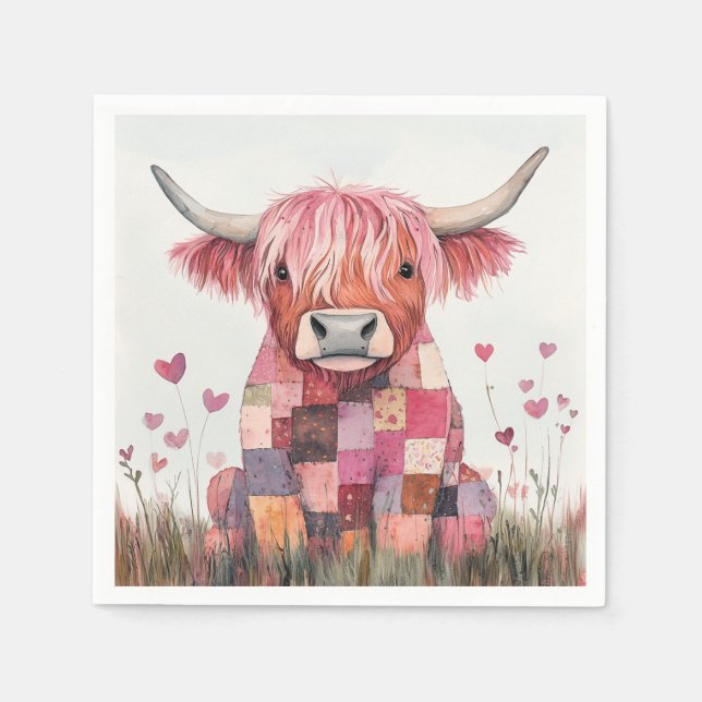 Patchwork Highland Cow Valentine Napkin (Front)