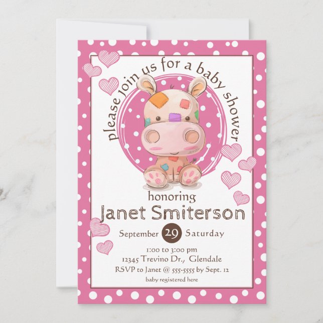 Patchwork Hippo Baby Shower, pink Invitation (Front)
