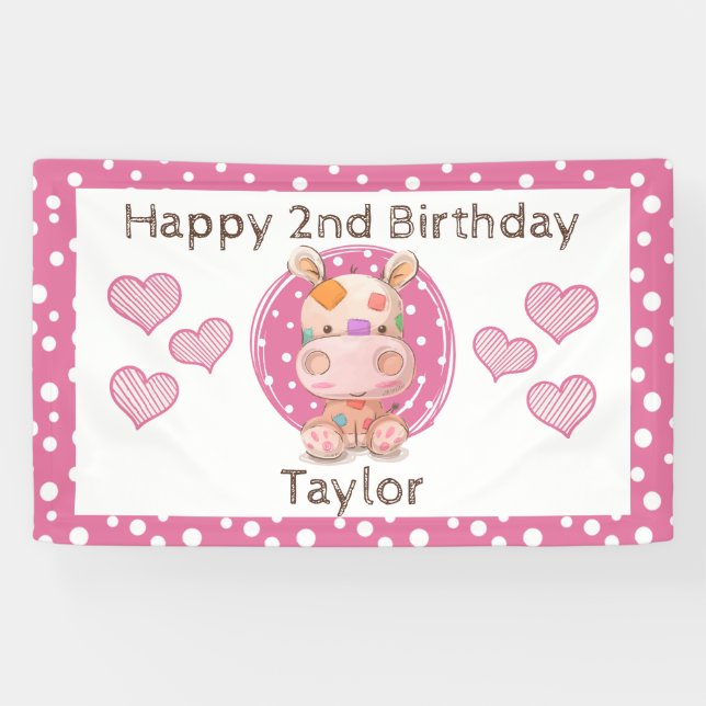 Patchwork Hippo Child's Pink Birthday Banner (Horizontal)