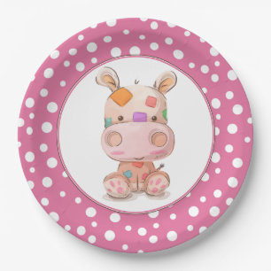 Patchwork Hippo Child's Pink Birthday Paper Plate