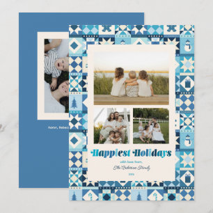 Patchwork Holidays Shades of Blue Three Photo Holiday Card