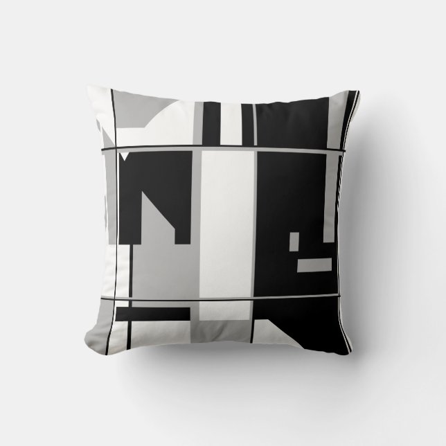 Patchwork in Black White Grey Geometric Abstract Cushion (Front)
