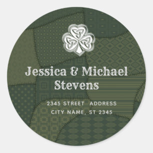 Patchwork Irish lucky shamrock return address Classic Round Sticker