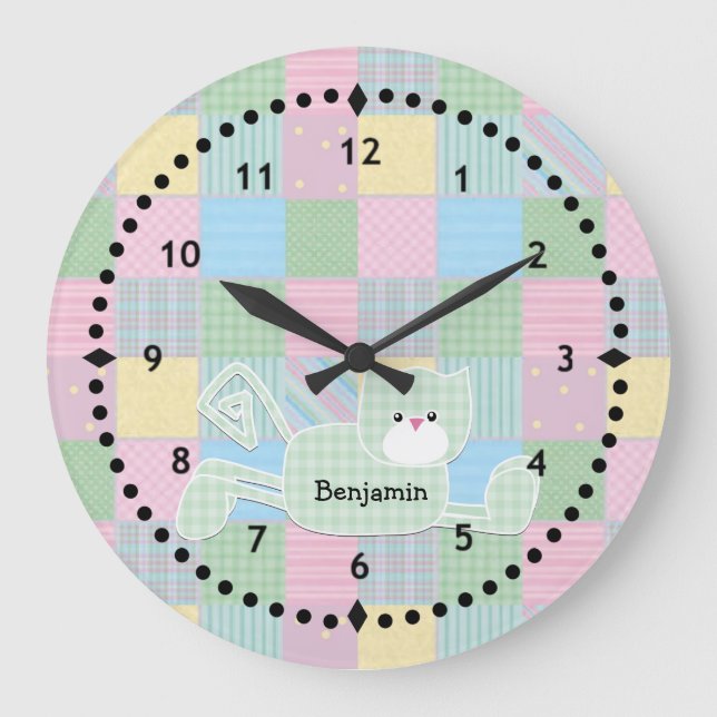 Patchwork Kitty Nursery Wall Clock (Front)