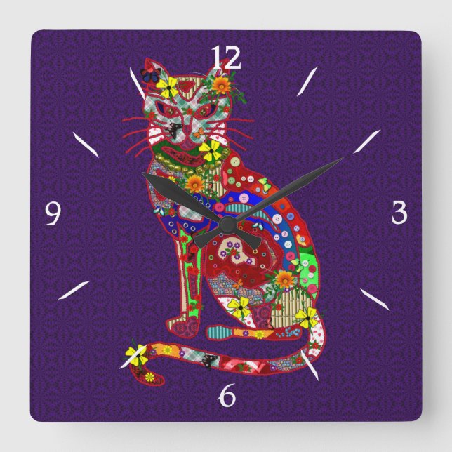 Patchwork Kitty Square Wall Clock (Front)