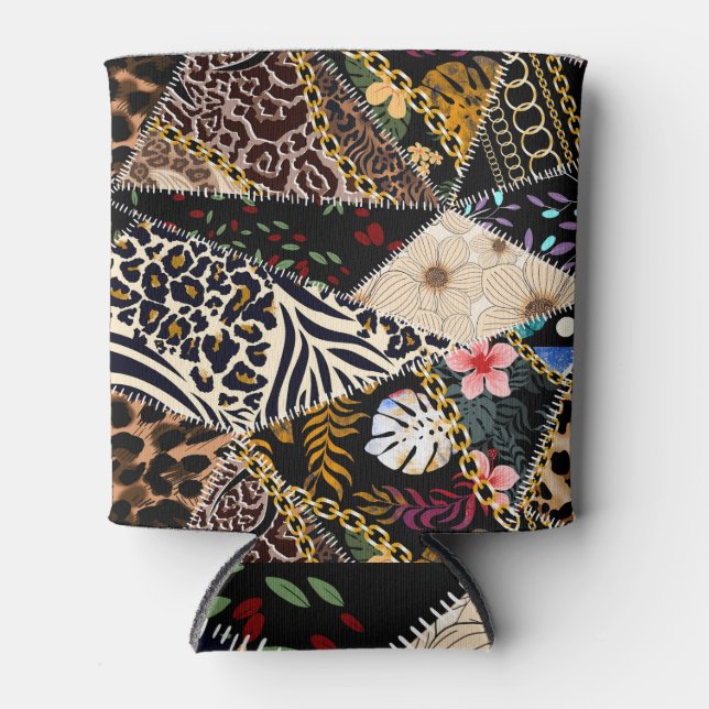 Patchwork Leopard: Ethnic Lining Design. Can Cooler (Front)