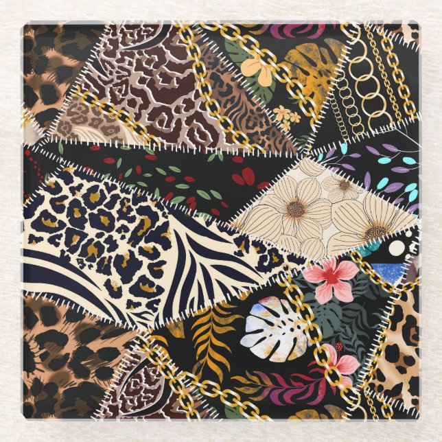 Patchwork Leopard: Ethnic Lining Design. Glass Coaster (Front)