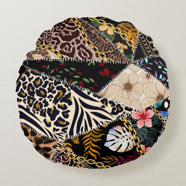 Patchwork Leopard: Ethnic Lining Design. Round Cushion (Front)