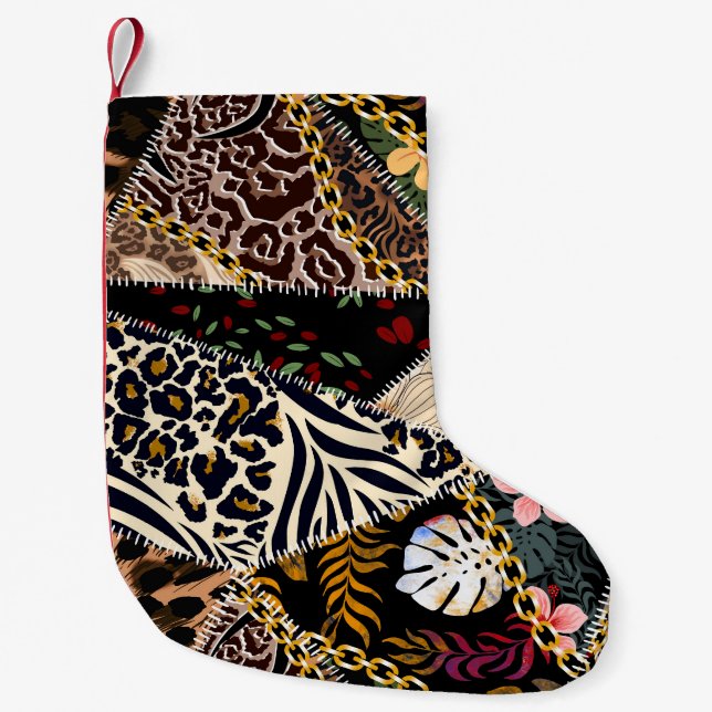 Patchwork Leopard: Ethnic Lining Design. Small Christmas Stocking (Front)