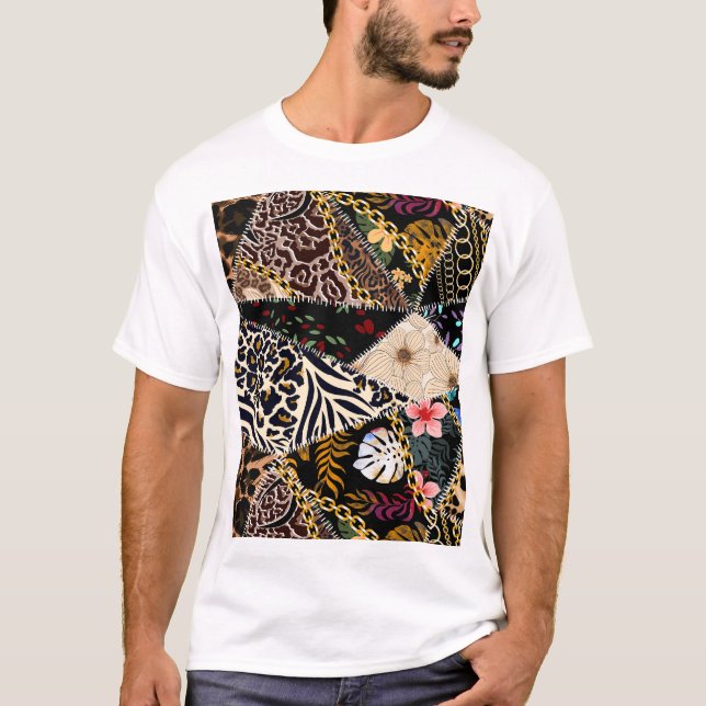 Patchwork Leopard: Ethnic Lining Design. T-Shirt (Front)