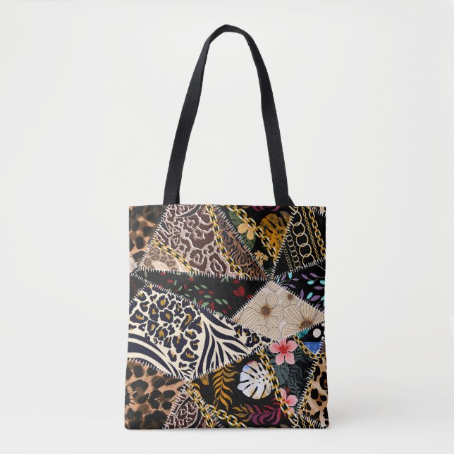 Patchwork Leopard: Ethnic Lining Design. Tote Bag (Front)