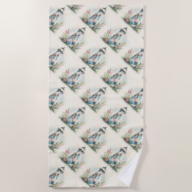Patchwork Lighthouse Coastal Floral Scene Beach Towel (Front)